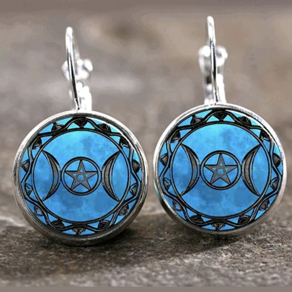 New Triple Moon Goddess Glass Cabochon Silver Lever Back Earrings.